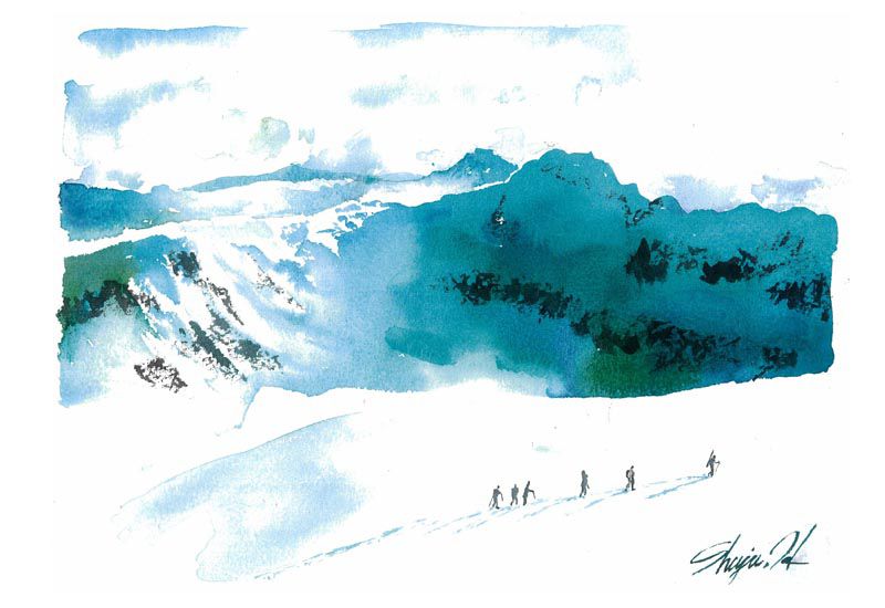 W-29 雪景色 水彩画 冬山 手描きイラスト 水彩イラストレーター